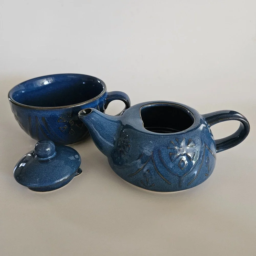 Pier 1 Blue Stoneware Stackable Tea Set Tea Pot Lid and Cup Mug Glazed